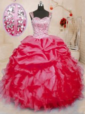 Discount Sleeveless Organza Floor Length Lace Up Sweet 16 Dress in Coral Red for with Beading and Ruffles and Pick Ups