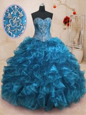 Artistic Sweep Train Ball Gowns Sweet 16 Quinceanera Dress Blue Sweetheart Organza Sleeveless With Train Lace Up
