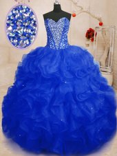 Deluxe Beading and Ruffles Ball Gown Prom Dress Royal Blue Lace Up Sleeveless Floor Length