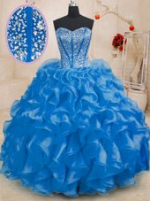 Affordable Sleeveless Organza Floor Length Lace Up 15 Quinceanera Dress in Royal Blue for with Beading and Ruffles