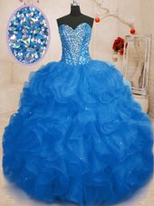 Fabulous Baby Blue Organza Lace Up Quinceanera Dresses Sleeveless Floor Length Beading and Ruffles