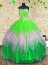 Multi-color Lace Up Ball Gown Prom Dress Beading and Ruffles and Sequins Sleeveless Floor Length