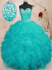Discount Aqua Blue Sweetheart Lace Up Beading and Ruffles Ball Gown Prom Dress Sleeveless