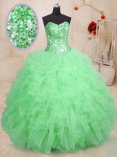 New Style Beading and Ruffles Vestidos de Quinceanera Green Lace Up Sleeveless Floor Length