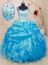 Organza Sleeveless Floor Length 15th Birthday Dress and Beading and Ruffles and Pick Ups