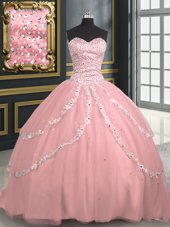 Colorful Tulle Sleeveless With Train Ball Gown Prom Dress Brush Train and Beading and Appliques