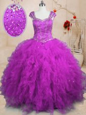 Tulle Square Cap Sleeves Lace Up Beading and Ruffles Sweet 16 Dresses in Purple