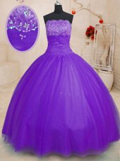 Floor Length Lace Up Sweet 16 Dress Purple and In for Military Ball and Sweet 16 and Quinceanera with Beading