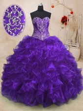 Excellent Purple Organza Lace Up Quinceanera Gown Sleeveless With Train Sweep Train Beading and Ruffles