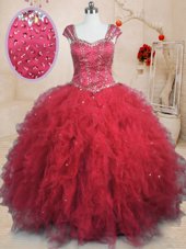 Red Ball Gowns Tulle Square Cap Sleeves Beading and Ruffles Floor Length Lace Up 15th Birthday Dress