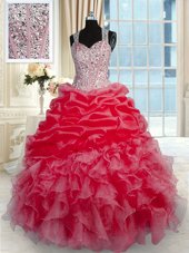Sleeveless Floor Length Beading and Ruffles Zipper Quinceanera Gown with Red
