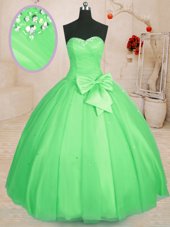Sleeveless Tulle Floor Length Lace Up Ball Gown Prom Dress in for with Beading and Bowknot