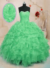 Rose Pink Organza Lace Up Sweetheart Sleeveless Floor Length 15th Birthday Dress Beading and Ruffles