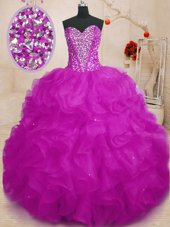 Enchanting Floor Length Lace Up Quinceanera Gown Fuchsia and In for Military Ball and Sweet 16 and Quinceanera with Beading and Ruffles
