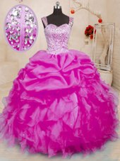 Traditional Lavender Ball Gowns Straps Sleeveless Organza Floor Length Lace Up Beading and Ruffles Quince Ball Gowns