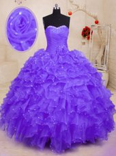 Cheap Purple Sleeveless Organza Lace Up Quinceanera Gowns for Military Ball and Sweet 16 and Quinceanera