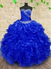 New Style Royal Blue Organza Lace Up Sweetheart Sleeveless Floor Length Sweet 16 Quinceanera Dress Beading and Ruffles and Ruching