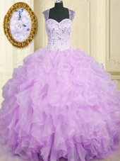 Ball Gowns 15th Birthday Dress Lavender Straps Organza Sleeveless Floor Length Zipper