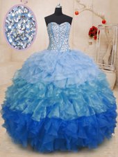 Sleeveless Organza Floor Length Lace Up 15th Birthday Dress in Multi-color for with Beading and Ruffles