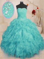 Trendy Aqua Blue Ball Gowns Beading and Ruffles Quinceanera Dresses Lace Up Organza Sleeveless Floor Length