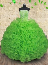 Organza Strapless Sleeveless Lace Up Beading and Ruffles Ball Gown Prom Dress in