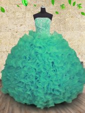Noble Turquoise Strapless Lace Up Beading and Ruffles Vestidos de Quinceanera Sleeveless