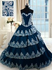 Sleeveless Taffeta With Train Court Train Lace Up Quince Ball Gowns in Navy Blue for with Beading and Appliques and Ruffled Layers
