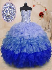 Gorgeous Sleeveless Organza Floor Length Lace Up Quinceanera Gown in Fuchsia for with Beading and Ruffles