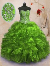 Pretty Sweetheart Sleeveless Sweep Train Lace Up 15th Birthday Dress Olive Green Organza