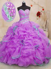 Delicate Blue Ball Gowns Beading and Ruffles Quinceanera Gown Lace Up Organza Sleeveless Floor Length
