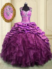 Pick Ups Ruffled With Train Ball Gowns Cap Sleeves Lilac 15 Quinceanera Dress Brush Train Lace Up