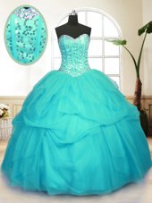 Lovely Dark Green Ball Gowns Sweetheart Sleeveless Tulle Floor Length Lace Up Beading 15 Quinceanera Dress