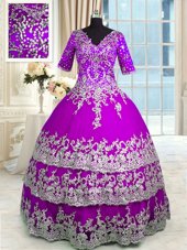 Purple Satin and Tulle Zipper V-neck Half Sleeves Floor Length Vestidos de Quinceanera Appliques and Ruffled Layers