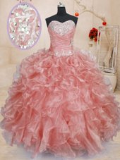 Sleeveless Floor Length Beading and Ruffles Lace Up Quince Ball Gowns with Watermelon Red