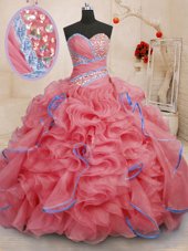 With Train Lace Up Quinceanera Dress Coral Red and In for Military Ball and Sweet 16 and Quinceanera with Beading and Ruffles Brush Train
