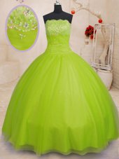 Yellow Green Organza Lace Up Straps Sleeveless Floor Length 15th Birthday Dress Beading and Ruffles