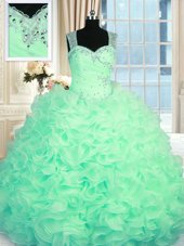 Apple Green Ball Gowns Beading and Ruffles 15th Birthday Dress Zipper Organza Sleeveless Floor Length