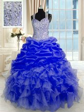 Latest Straps Sleeveless Zipper Sweet 16 Quinceanera Dress Blue Organza