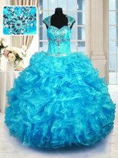 Floor Length Ball Gowns Cap Sleeves Aqua Blue 15th Birthday Dress Lace Up