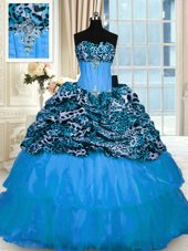 Inexpensive Printed Beading and Ruffled Layers Vestidos de Quinceanera Baby Blue Lace Up Sleeveless Sweep Train
