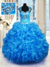 Baby Blue Lace Up Ball Gown Prom Dress Beading and Appliques and Embroidery Sleeveless Floor Length