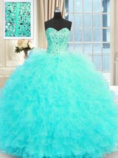 Classical Aqua Blue Lace Up Quinceanera Gown Beading and Ruffles Sleeveless Floor Length