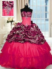 Decent Strapless Sleeveless Sweet 16 Dresses Sweep Train Beading and Ruffled Layers Red Organza and Printed