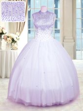 Floor Length Lavender Sweet 16 Dress Tulle Sleeveless Beading