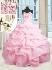 Purple Organza Lace Up Sweetheart Sleeveless Floor Length 15th Birthday Dress Beading and Ruffles