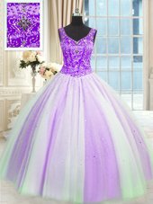 Best Selling Sleeveless Lace Up Floor Length Beading and Sequins Quinceanera Gowns