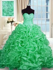 Sweetheart Sleeveless Sweep Train Lace Up Sweet 16 Quinceanera Dress Green Organza