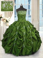 Strapless Sleeveless Taffeta 15th Birthday Dress Beading and Appliques and Embroidery and Pick Ups Lace Up