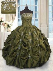 Latest Beading and Appliques and Embroidery and Pick Ups Quinceanera Gowns Olive Green Lace Up Sleeveless Floor Length