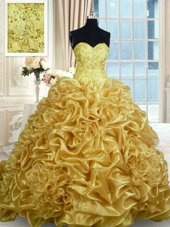 Decent Sleeveless With Train Beading and Pick Ups Lace Up Sweet 16 Quinceanera Dress with Gold Sweep Train